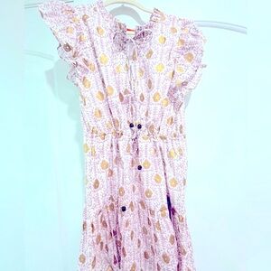 Oliphant Cinched Flirty Short Dress in Lilac Vine-Gold Floral Print, Medium